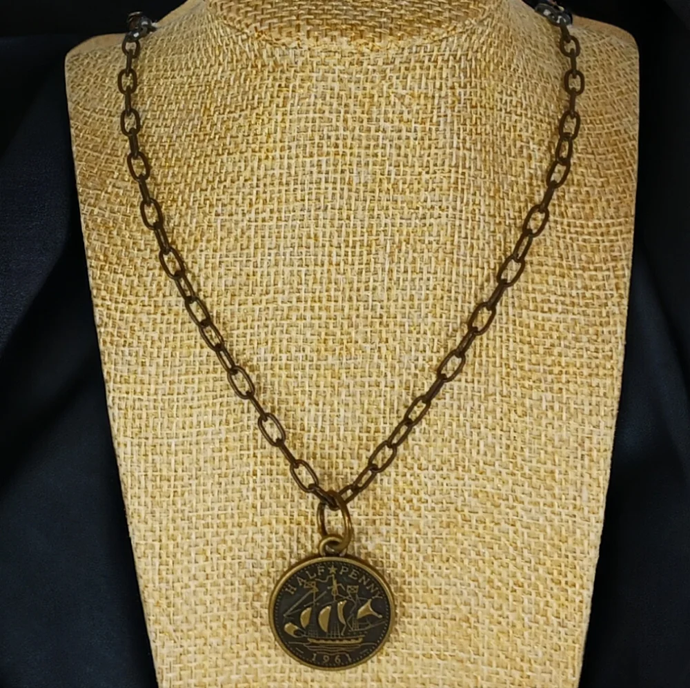 Coin Medallion Necklace Antique Gold Bronze Handcrafted Grunge Gritty Boho 90s